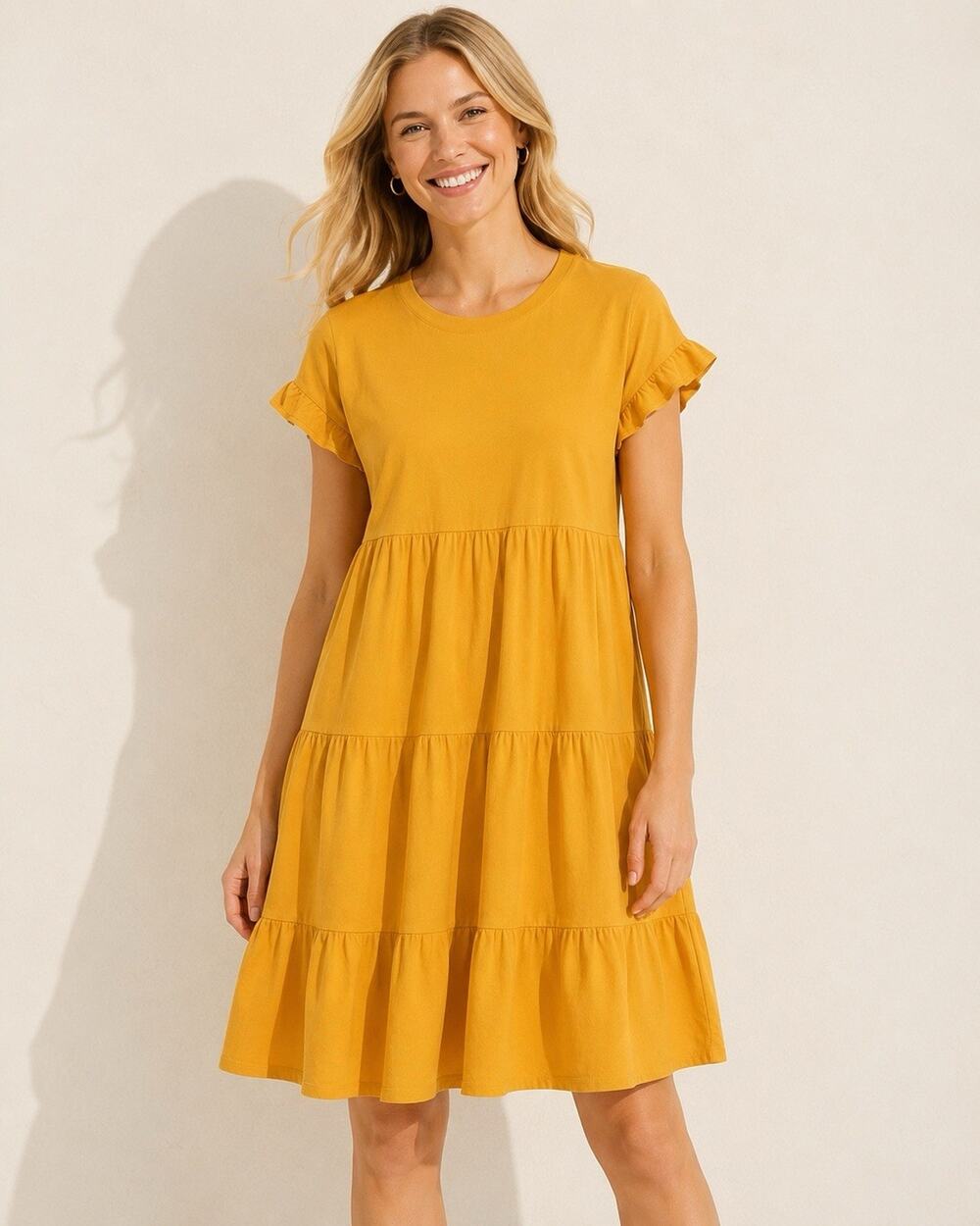 J Crew Dress Sz M Swingy Tiered Mustard Yellow Ruffle Preppy 100% Cotton #AO843